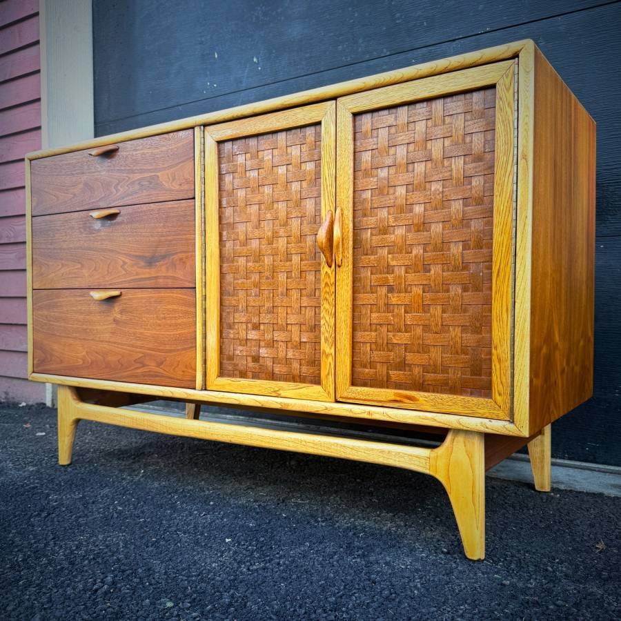 Gorgeous refinished mid century modern walnut and oak credenza by Lane — photograph 3 of 8