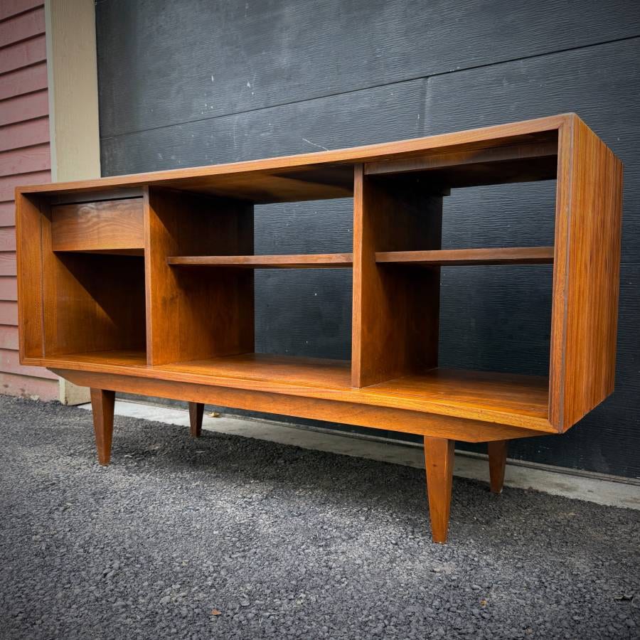 Mid century modern open walnut credenza shelving unit — photograph 2 of 6
