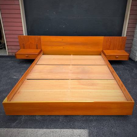 Mid century modern teak platform queen bedframe with night tables