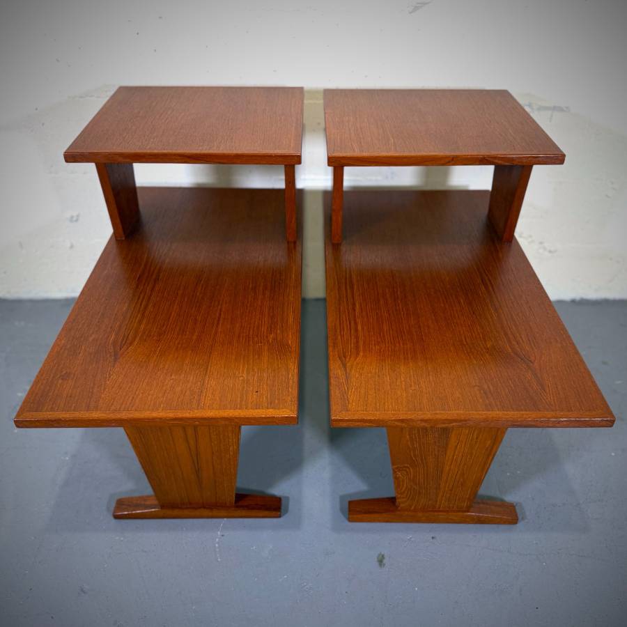 Pair of mid century modern teak two tier side tables — photograph 3 of 6