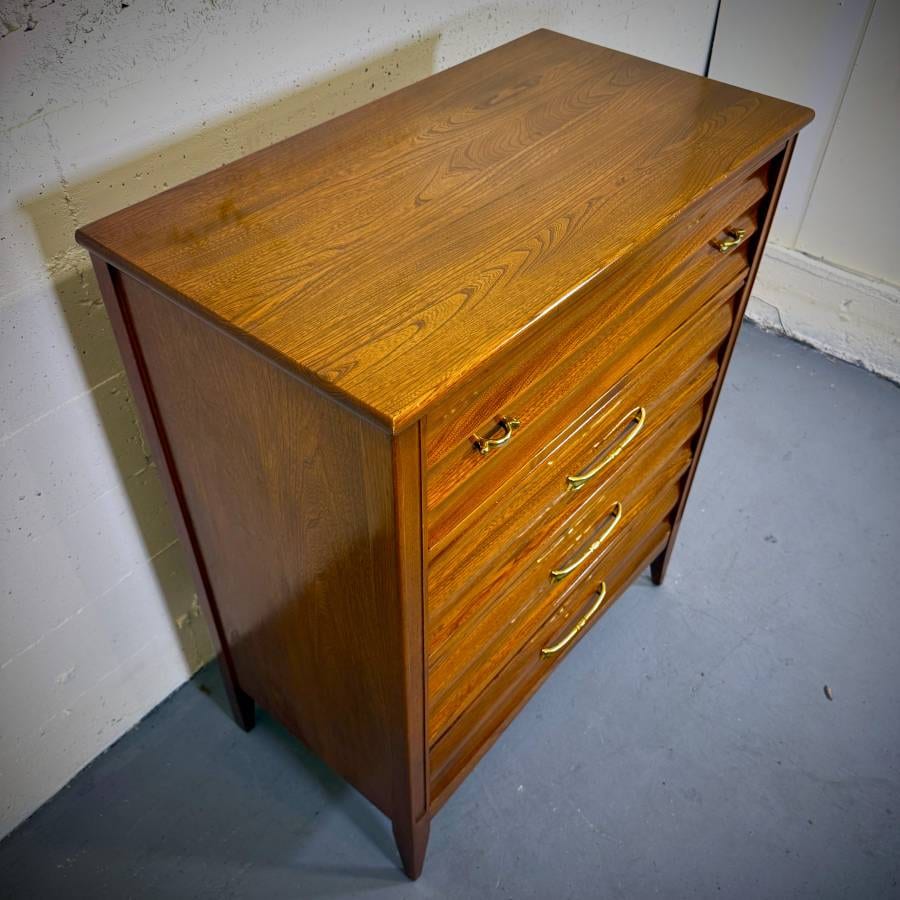 Solid pecan mid century modern tall boy dresser — photograph 6 of 7