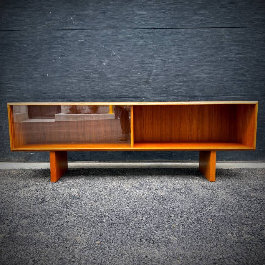 Slim low profile mid century teak and glass credenza media stand — photograph 2 of 5