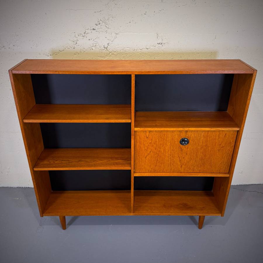 Slim profile mid century modern teak shelving unit with drop down bar — photograph 4 of 6