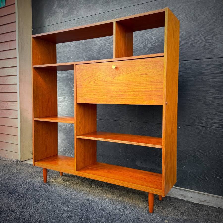 Mid century modern teak open shelving unit with drop down bar — photograph 2 of 6