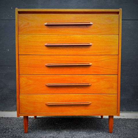 Mid century modern teak tall boy dresser