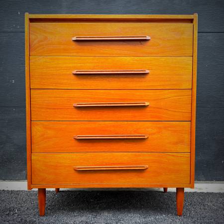 Mid century modern teak tall boy dresser