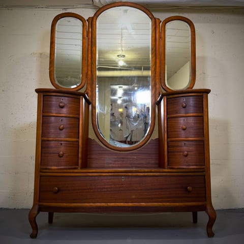 Stunning refinished vintage walnut vanity dresser with mirror