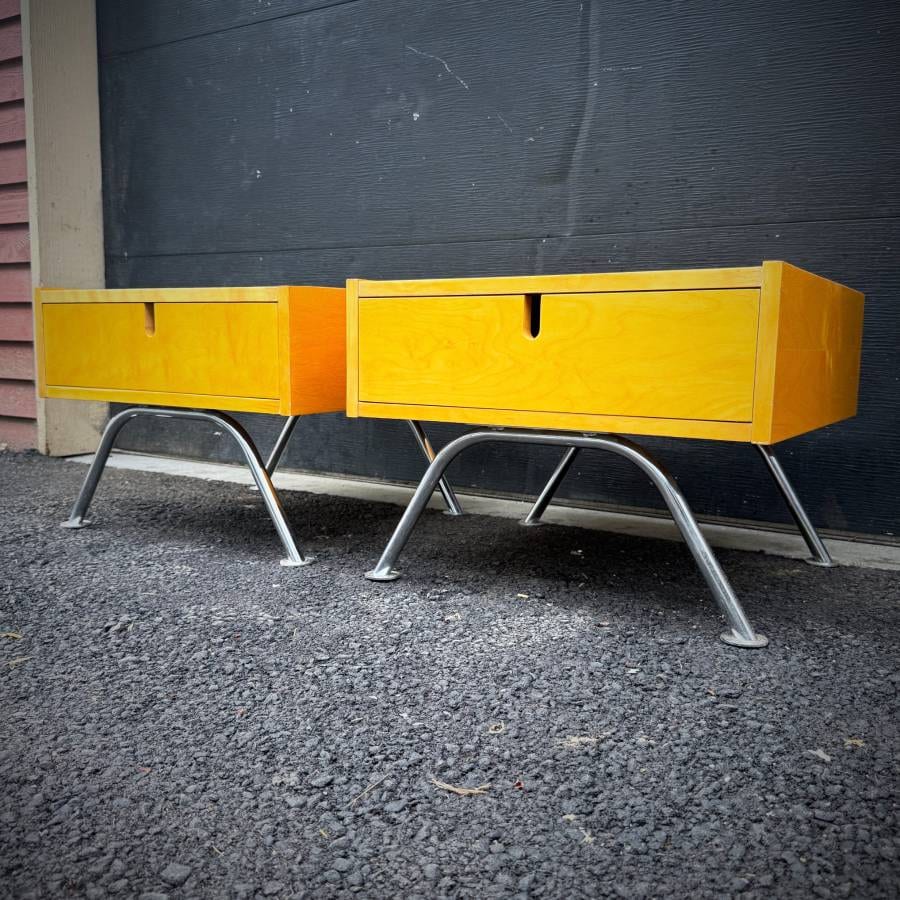 Pair of mid century modern blonde low profile side tables — photograph 2 of 6
