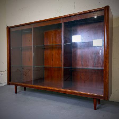 Mid century modern danish rosewood and glass cabinet with lights
