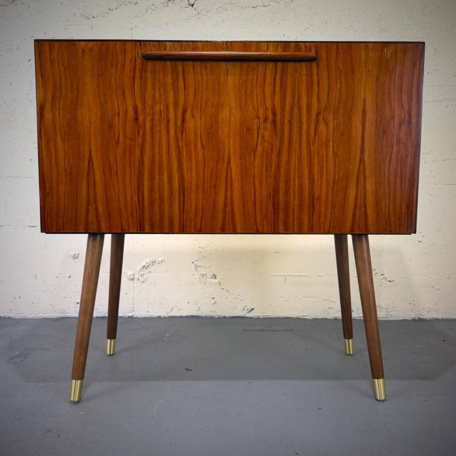Mid century modern atomic teak drop down bar cabinet — photograph 2 of 6