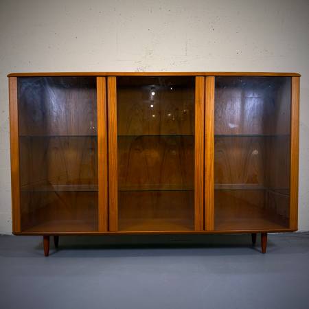 Extra large mid century modern teak and glass shelving unit