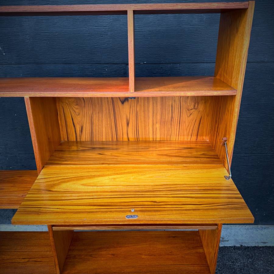 Mid century modern teak open shelving unit with drop down bar — photograph 6 of 6
