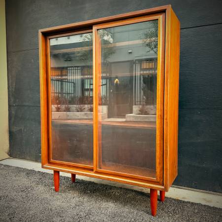 Mid century modern compact walnut and glass cabinet