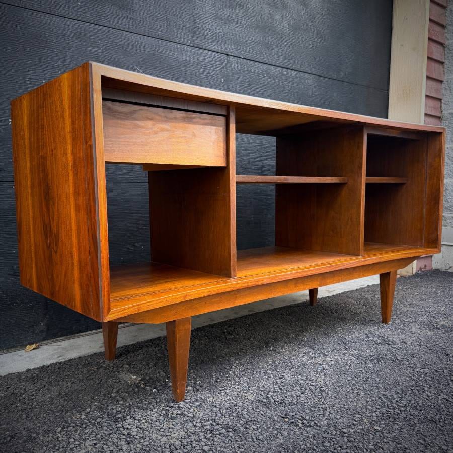 Mid century modern open walnut credenza shelving unit — photograph 3 of 6