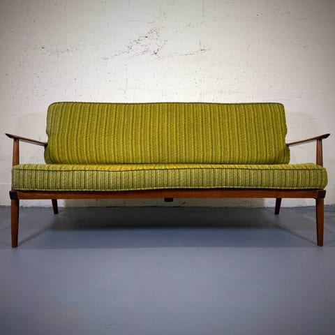 Beautiful mid century modern teak and wool sofa