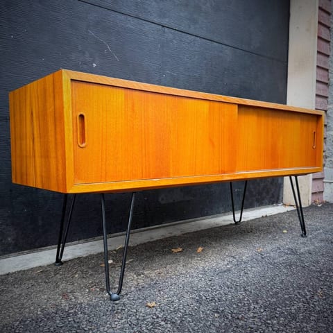 Danish modern atomic teak media stand credenza by Poul Hundevad