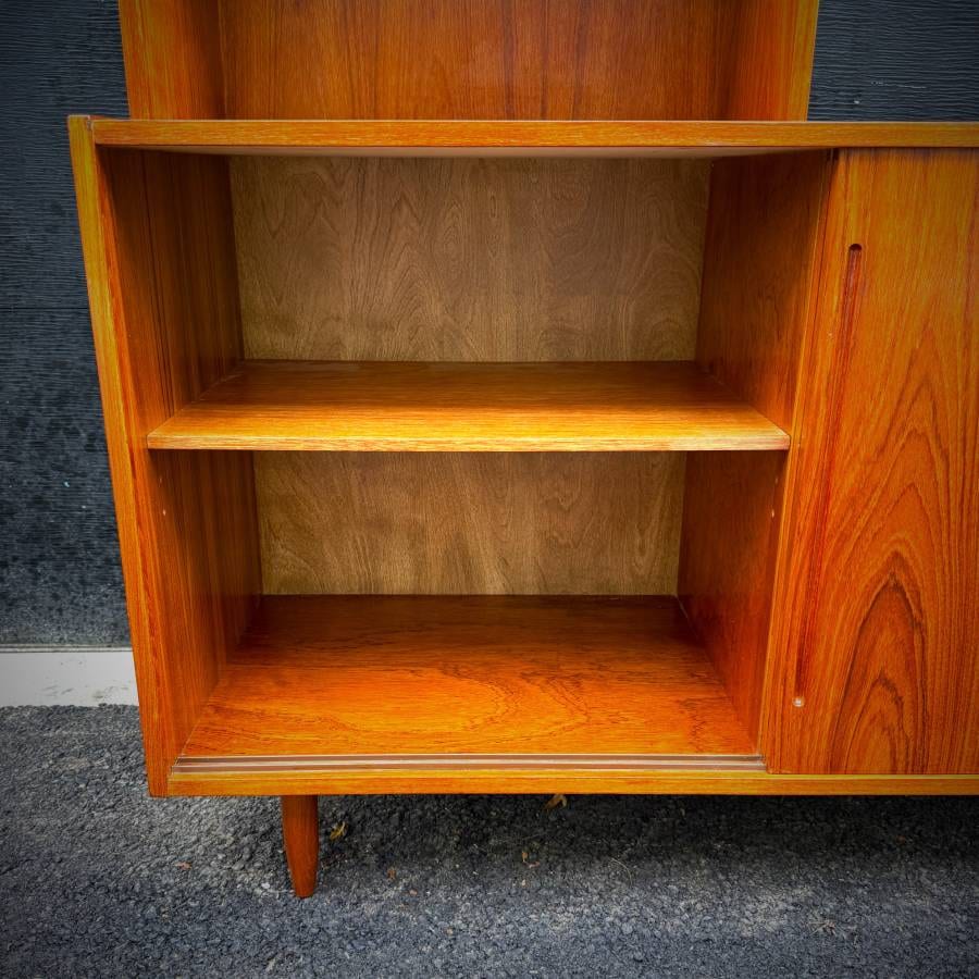 Cool assymetrical mcm teak credenza with upper LP shelf — photograph 5 of 6