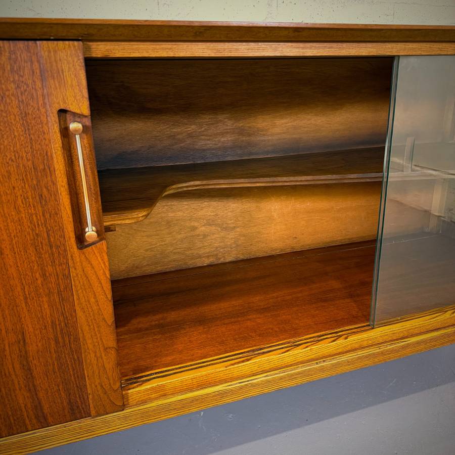 Stunning refinished mid century modern walnut and glass credenza — photograph 7 of 7