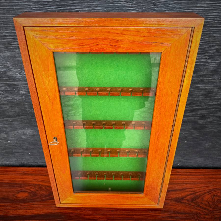 Rare compact teak wall mounted lockable jewelry cabinet — photograph 2 of 6