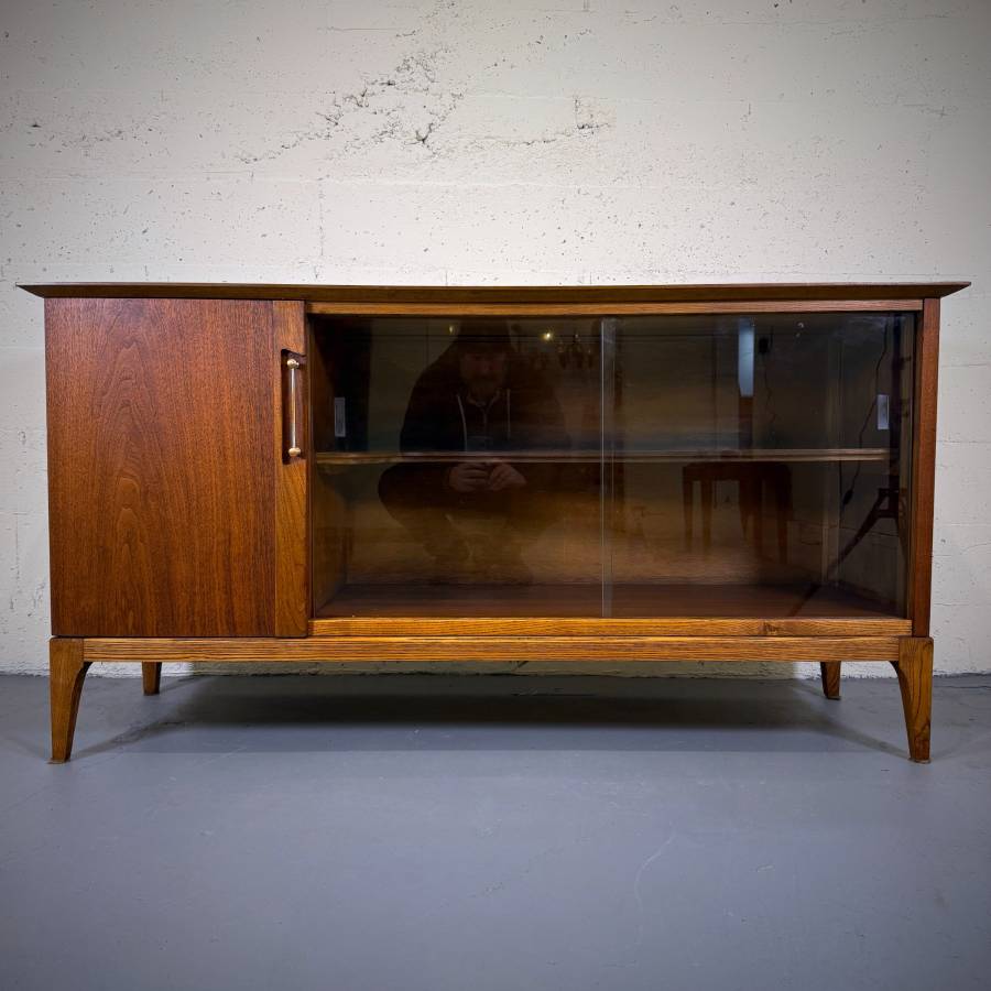Stunning refinished mid century modern walnut and glass credenza — photograph 2 of 7