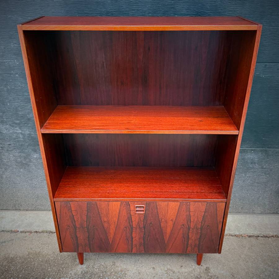 Compact mid century danish rosewood shelving unit with drop down bar — photograph 4 of 6