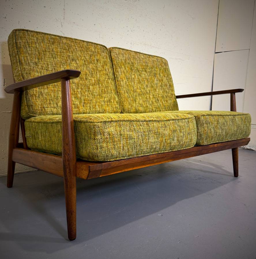 Beautiful mid century modern teak and wool love seat — photograph 2 of 9