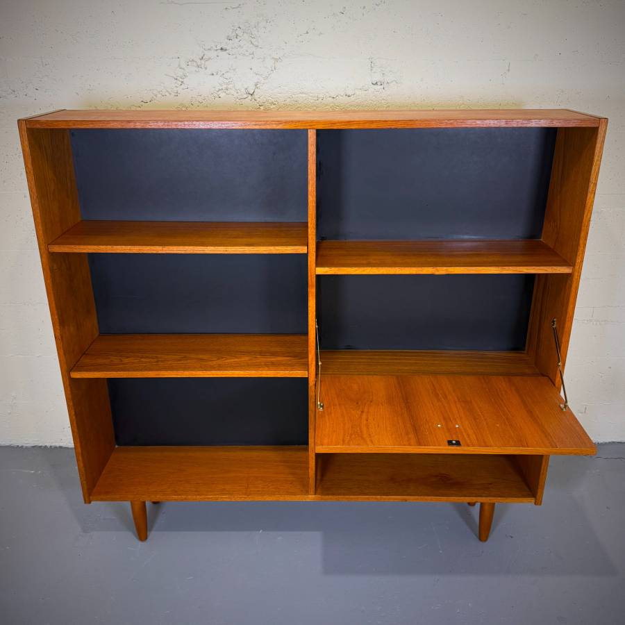Slim profile mid century modern teak shelving unit with drop down bar — photograph 6 of 6