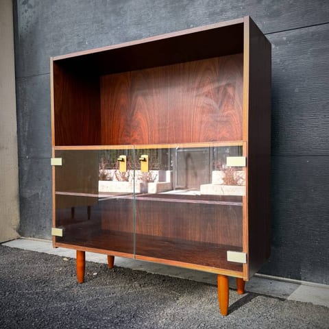 Danish mid century modern rosewood and glass shelving unit