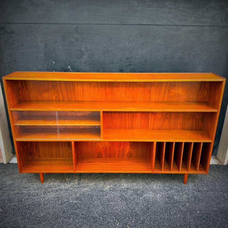 Beautiful extra long teak slim profile shelving unit made in Denmark — photograph 4 of 5
