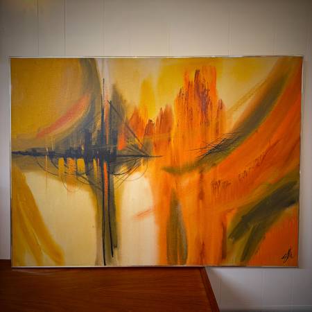 Nice orange toned original mid century abstract painting