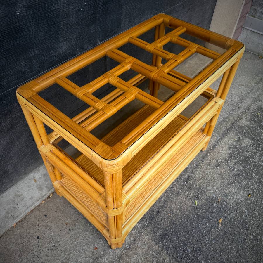 Mid century modern 70s bamboo and glass console table — photograph 4 of 5