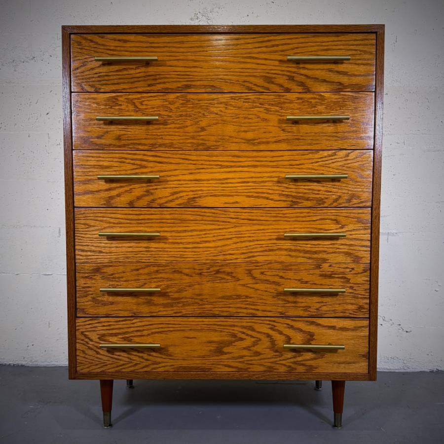 Mid century modern oak tall boy dresser — photograph 2 of 6