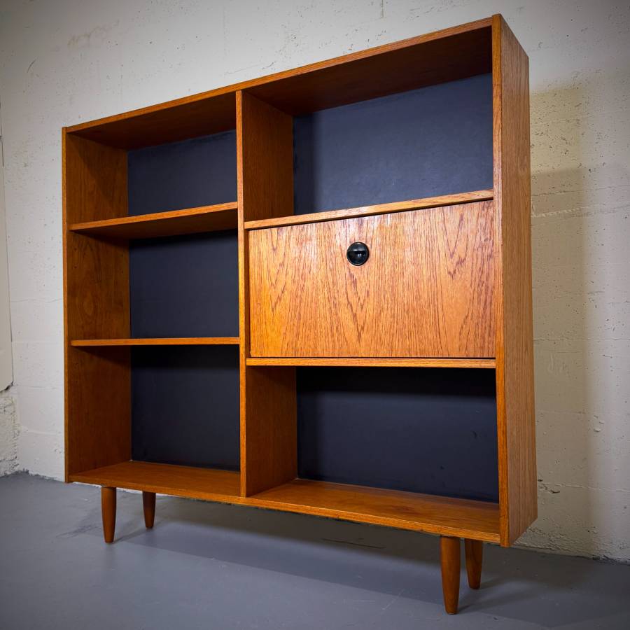 Slim profile mid century modern teak shelving unit with drop down bar — photograph 3 of 6