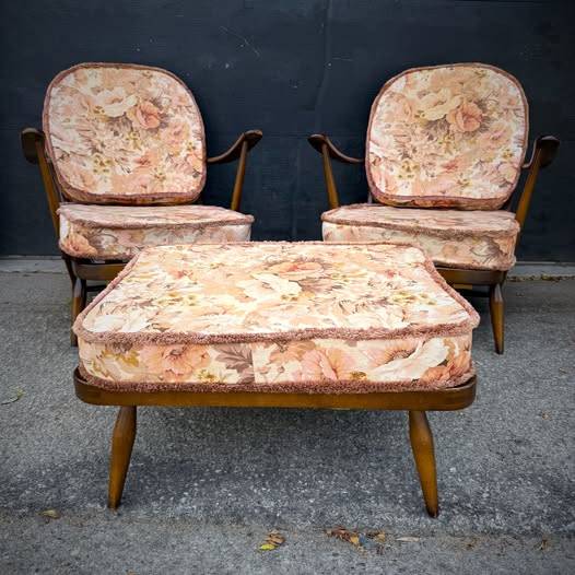 Pair of mid century modern lounge chairs and ottoman by Ercol — photograph 8 of 8