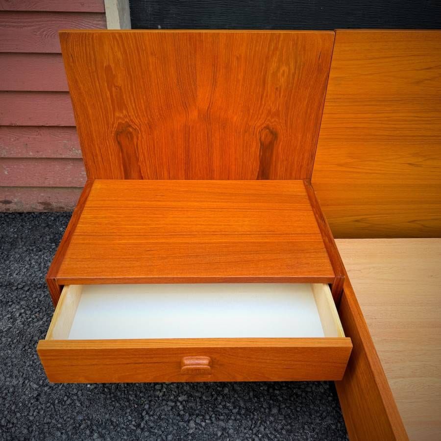 Mid century modern teak platform queen bedframe with night tables — photograph 4 of 6