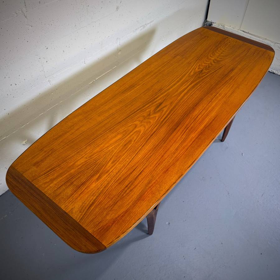 Gorgeous large sized mid century modern teak surfboard coffee table — photograph 5 of 8