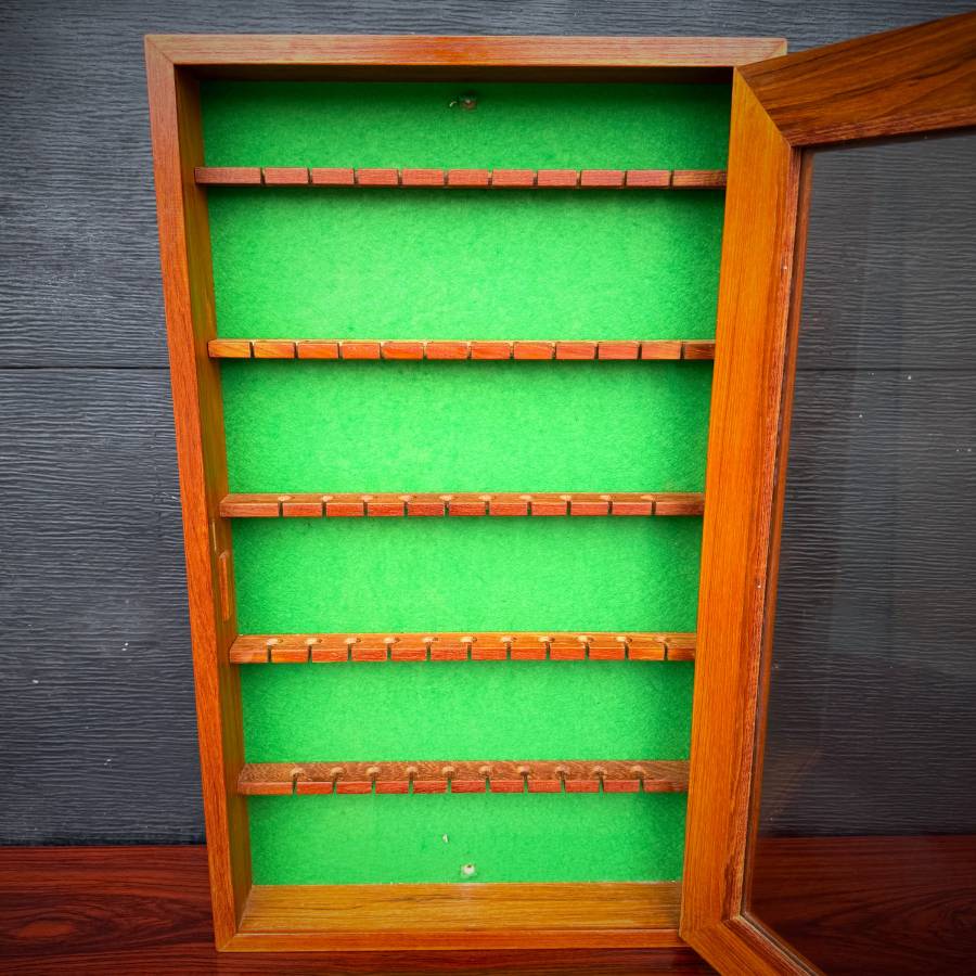 Rare compact teak wall mounted lockable jewelry cabinet — photograph 5 of 6