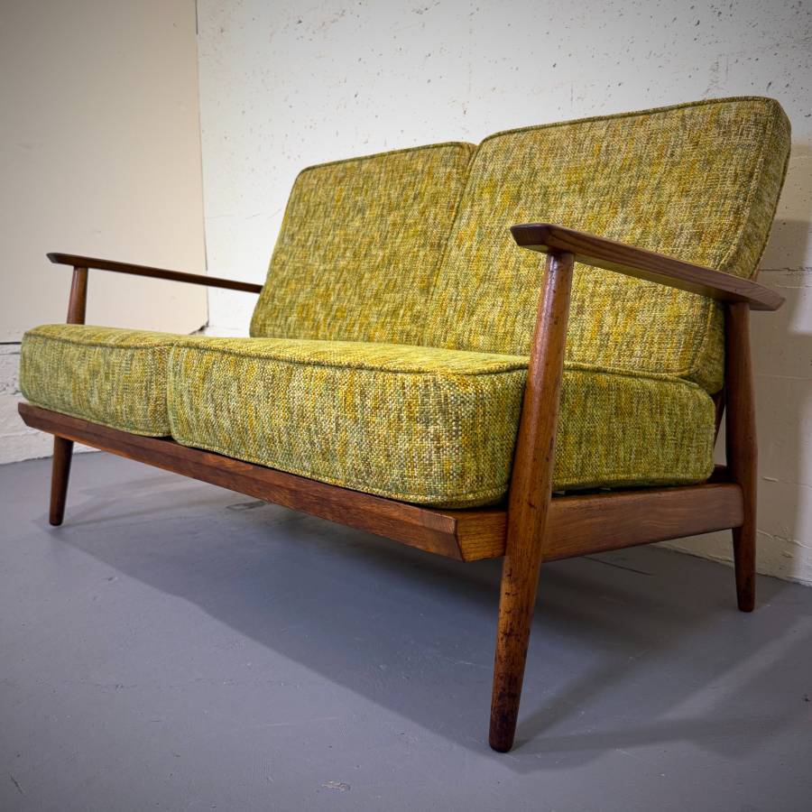 Beautiful mid century modern teak and wool love seat — photograph 5 of 9