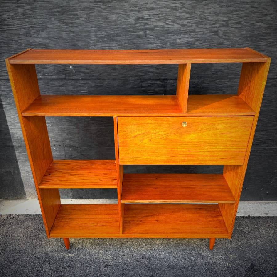 Mid century modern teak open shelving unit with drop down bar — photograph 4 of 6