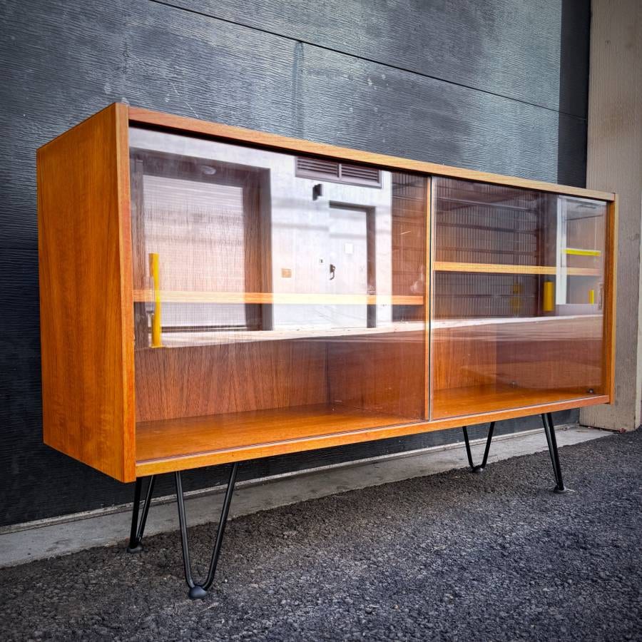 Slim profile danish modern teak and glass atomic credenza — photograph 2 of 6
