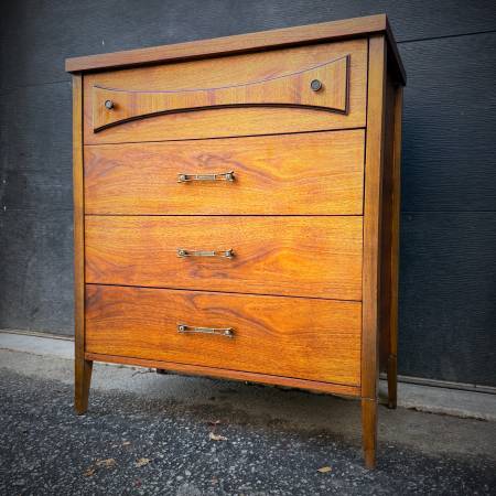 Mid century satin walnut tall boy dresser