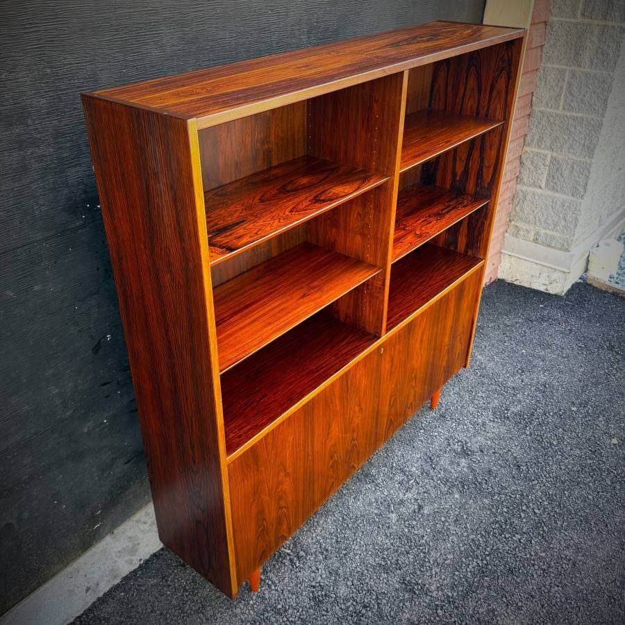 Poul Hundevad danish modern rosewood shelving unit with drop down bar — photograph 5 of 7