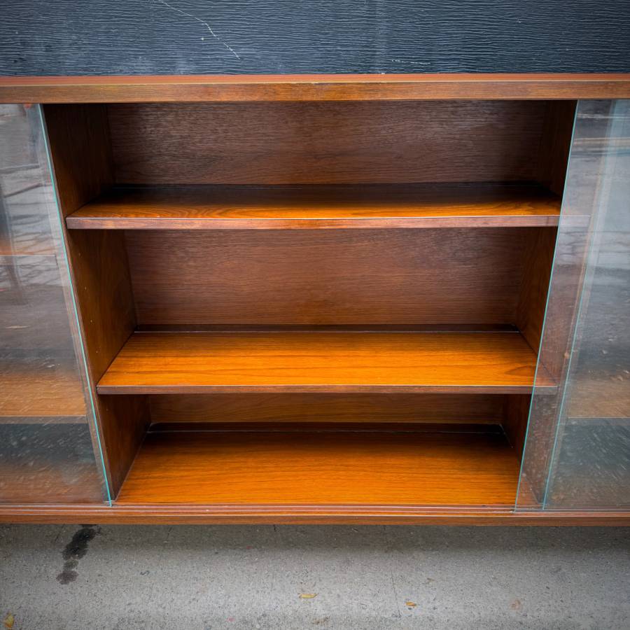 Extra long slim profile walnut and glass credenza shelf — photograph 7 of 8