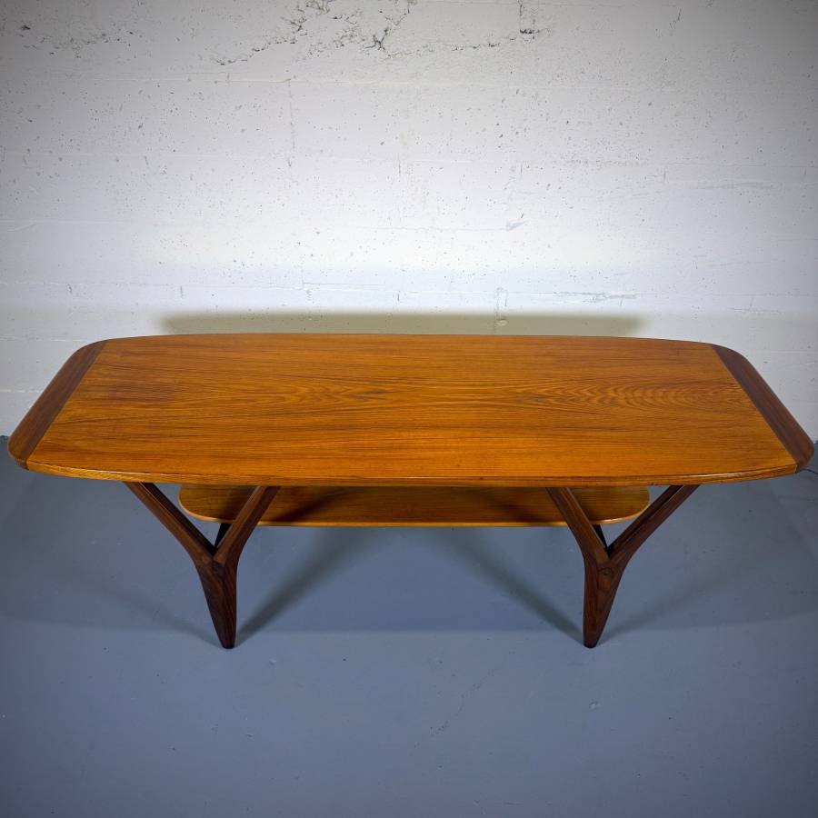 Gorgeous large sized mid century modern teak surfboard coffee table — photograph 4 of 8