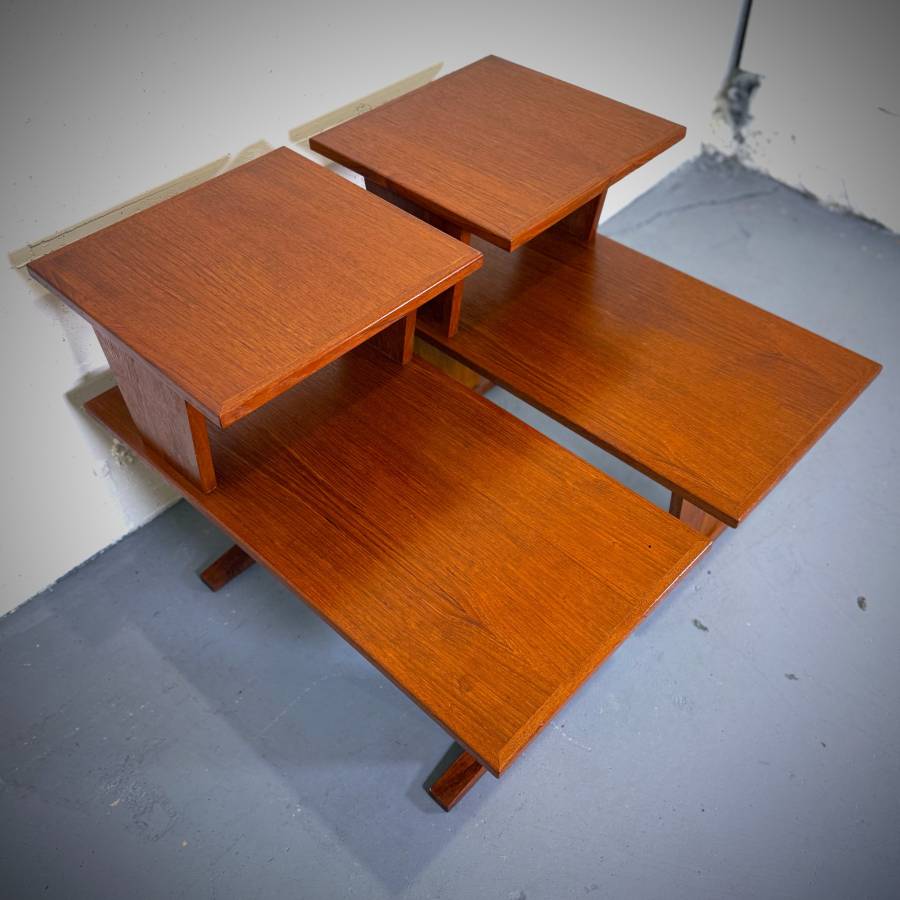 Pair of mid century modern teak two tier side tables — photograph 5 of 6