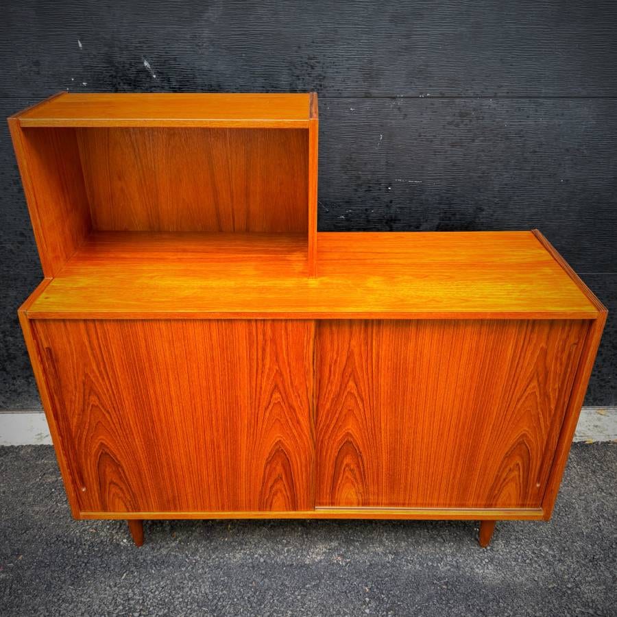 Cool assymetrical mcm teak credenza with upper LP shelf — photograph 2 of 6