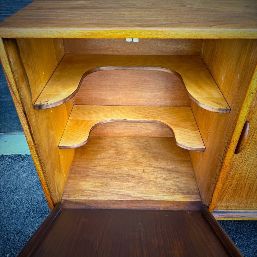 Mid century modern teak LP credenza with drop down bar — photograph 6 of 8