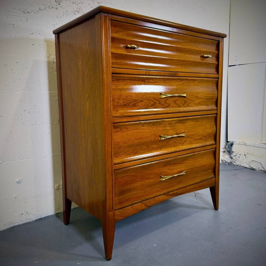 Solid pecan mid century modern tall boy dresser — photograph 3 of 7
