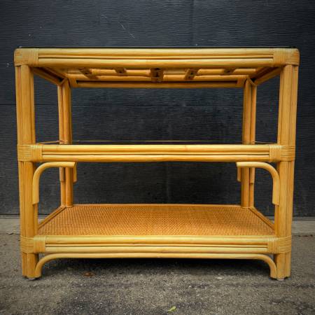 Mid century modern 70s bamboo and glass console table