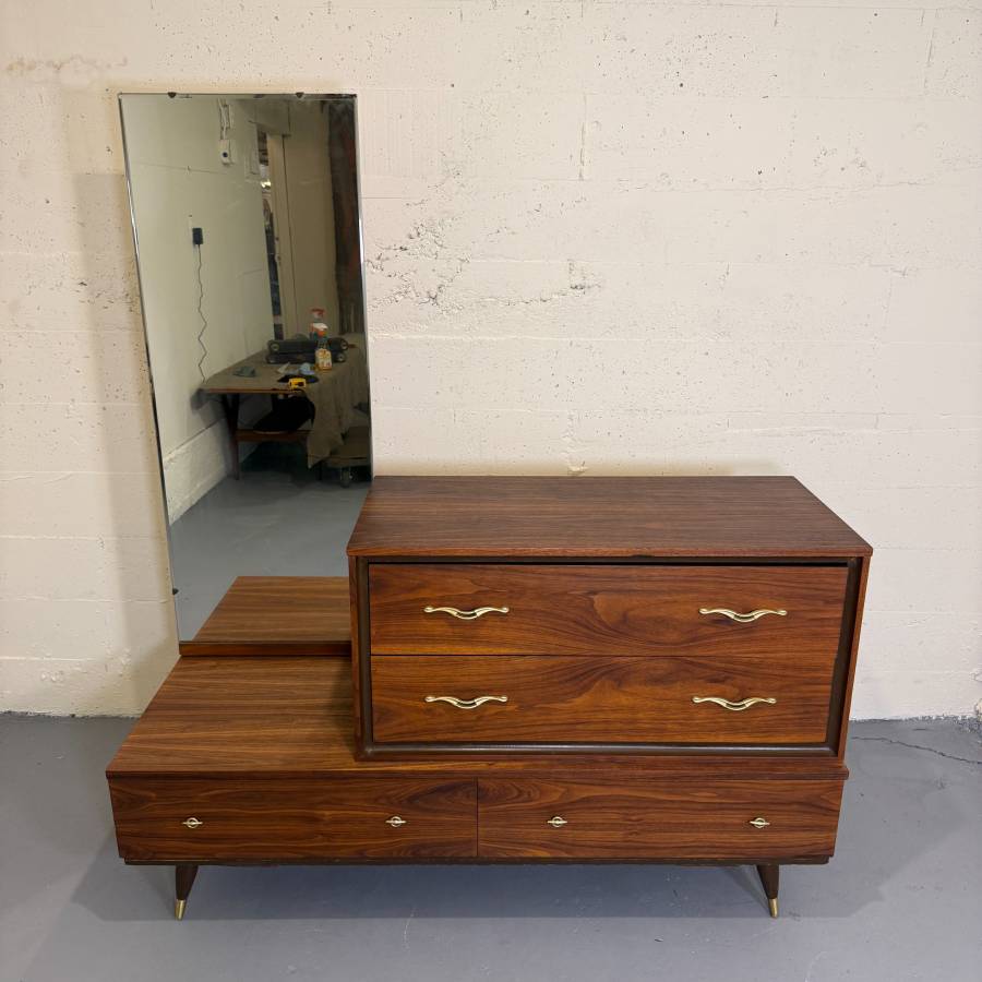 Beautiful refinished mid century modern two tier dresser with mirror — photograph 2 of 6